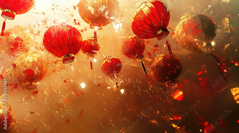 Poster surreal new year design featuring fragmented red and gold lanterns in a dynamic, dreamlike compositi