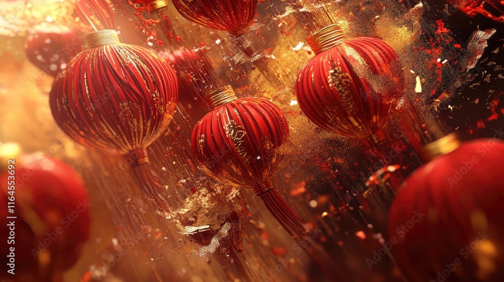 Poster surreal new year design featuring fragmented red and gold lanterns in a dynamic, dreamlike compositi