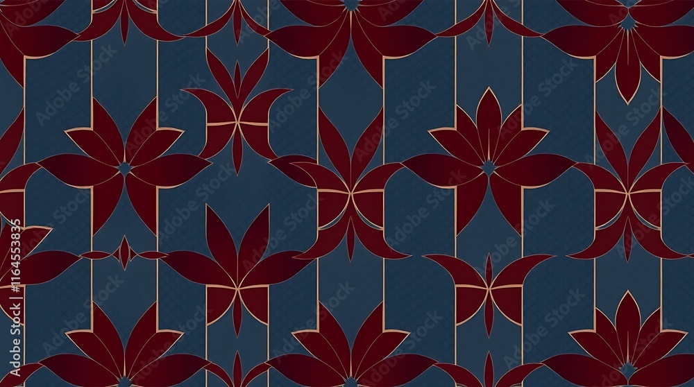 Poster abstract floral pattern: a seamless pattern featuring repeating stylized crimson flowers on a deep b