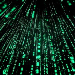 A digital matrix of glowing green binary code streams cascading vertically against a dark background, evoking a futuristic and cybernetic aesthetic