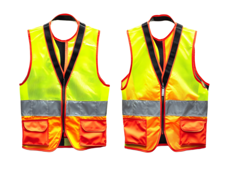 High visibility safety vests meant for construction and industrial settings, designed to ensure worker safety in various environments. Bright colors enhance visibility.