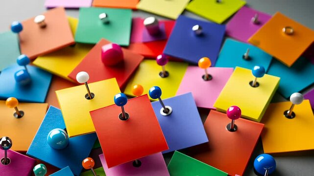 Colorful sticky notes and push pins scattered on a desk in an organized chaos during a creative brainstorming session
