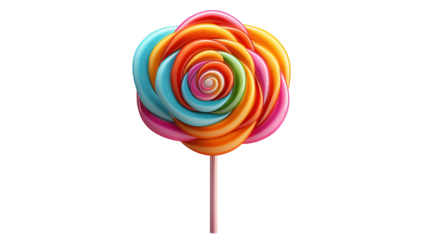 Vibrant, swirled colorful lollipop on a stick, representing sweetness, fun, and candy themes, studio view, isolated on transparent background.