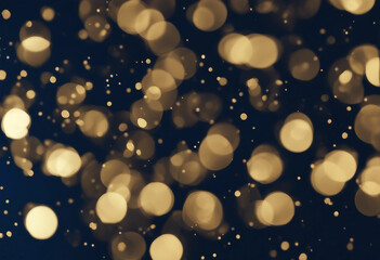 Abstract dark blue and gold particle background with Christmas golden light bokeh shining particles