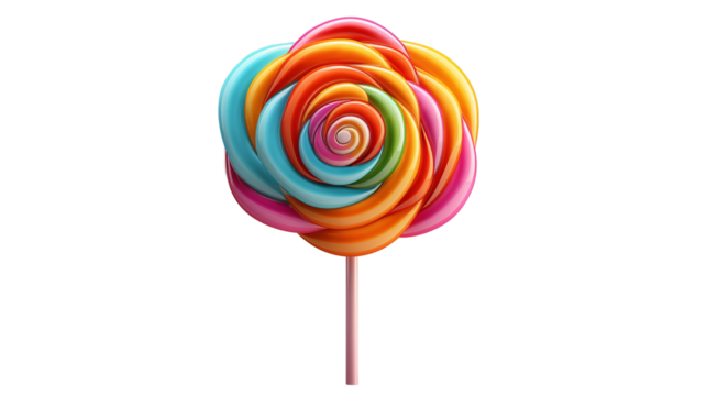 Vibrant, swirled colorful lollipop on a stick, representing sweetness, fun, and candy themes, studio view, isolated on transparent background.