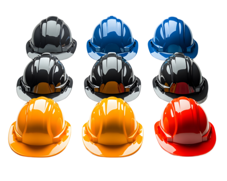 A vibrant collection of safety helmets in various colors, symbolizing construction and industrial safety. Perfect for illustrating workplace safety concepts and diversity.