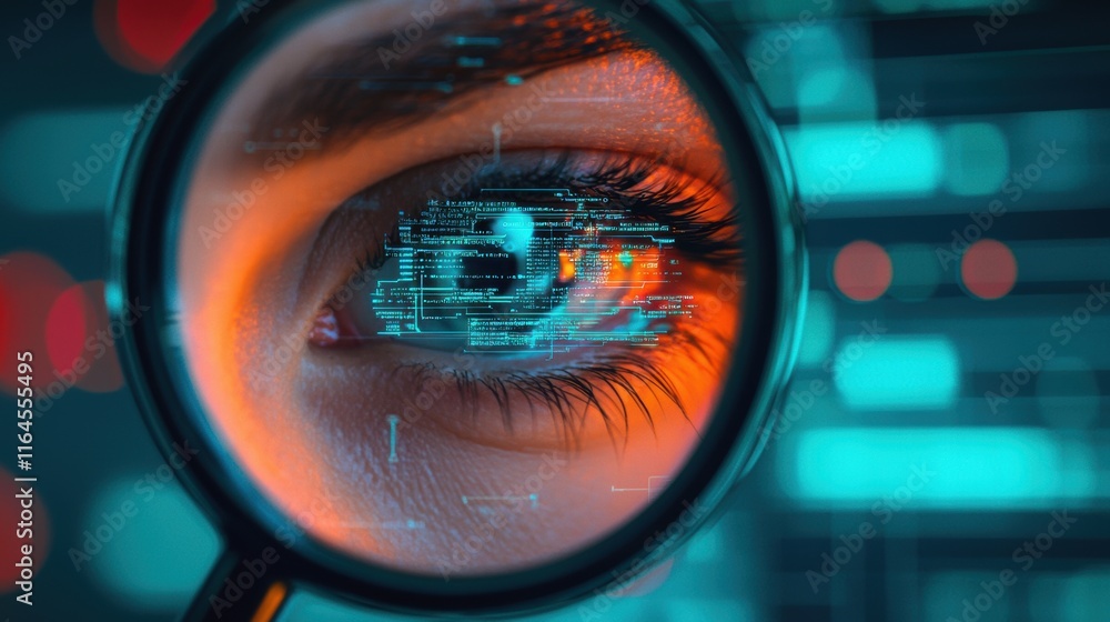 Poster close-up of an eye with digital data and code reflection in lens