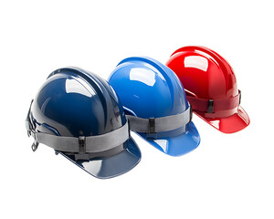 Fototapeta premium A collection of three safety helmets in blue, red, and navy colors, symbolizing workplace safety and protection. Ideal for industries focused on construction and manufacturing.