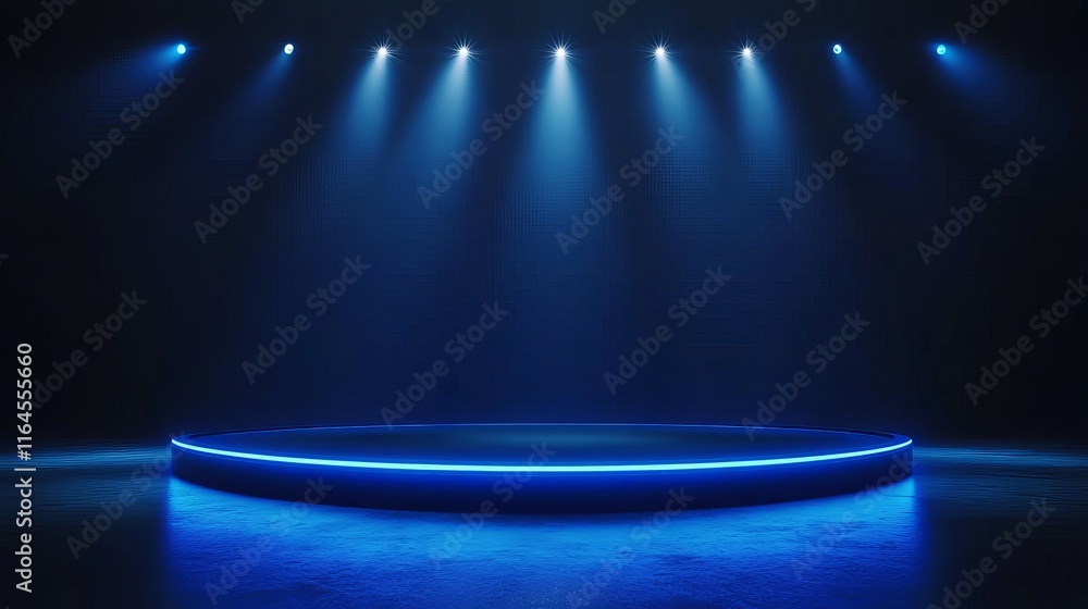 Poster abstract blue stage background with scenic lights resembling a futuristic user interface spotlight e