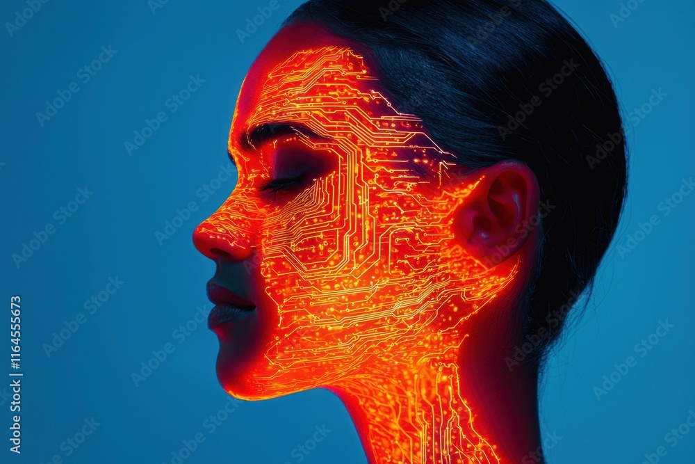 Poster futuristic technology with circuit patterns on human face side profile