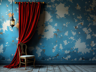 Vintage Artistic Scene with Distressed Blue Wall, Dramatic Red Velvet Curtain, Rustic Textures, and Atmospheric Lighting for a Cinematic Mood
