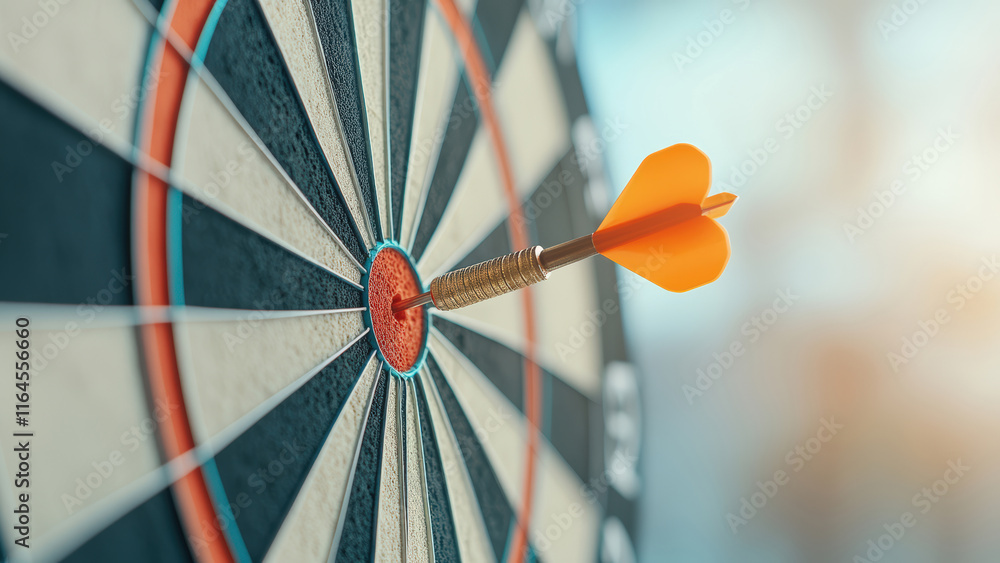 Poster close-up of a dart hitting the bullseye on a dartboard, symbolizing precision and success.
