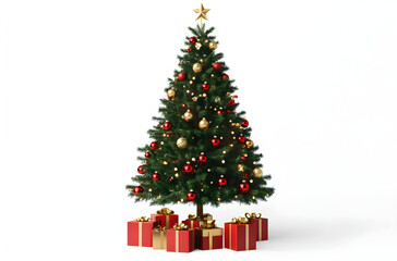 Festive Christmas Tree with Ornaments and Gift Boxes Isolated on White Background. AI generative.