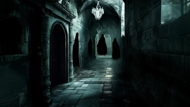 Mysterious dark figures are gliding down a dimly lit corridor of an ancient castle, illuminated by a chandelier, creating a spooky and eerie atmosphere. concept ghosts in the castle