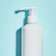 White pump bottle on blue background.