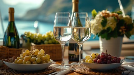 Elegant dining experience with wine and fresh fruits on a boat during sunset