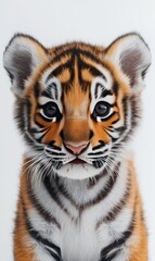 Obraz premium Cute tiger cub with striking orange and black fur against a white background