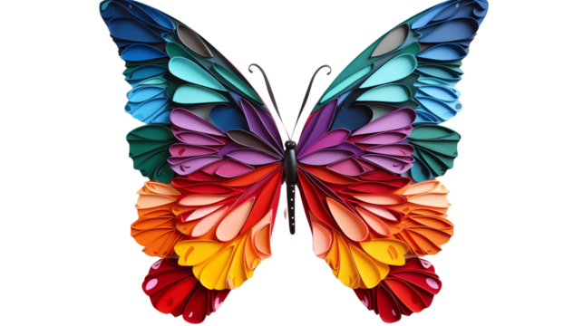 Artistic butterfly made of soft plasticine in bold colors, displayed creatively, studio view, isolated on transparent background.