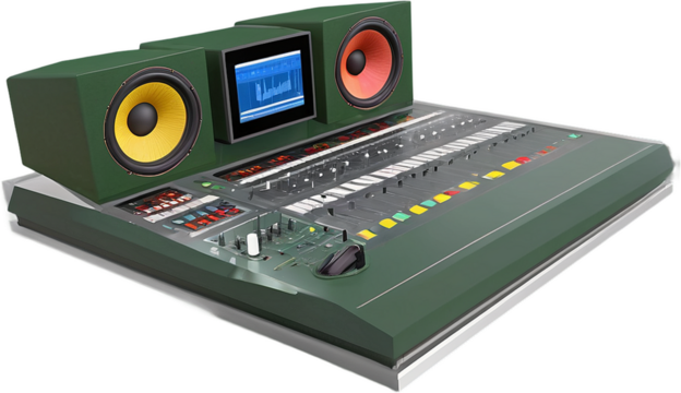 Sound Engineer with Audio Equipment Recording booth gadgets indicators olive maroon, Isolated on Transparent Background PNG Format, AI Generated, Clip Art Cutout Graphics Element Removed