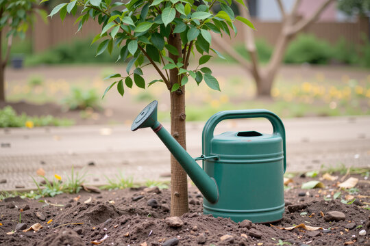 Green watering can beside a young tree, essential for nurturing growth in a well-cared garden environment