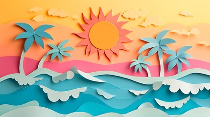 Paper Art Tropical Beach Sunset Scene