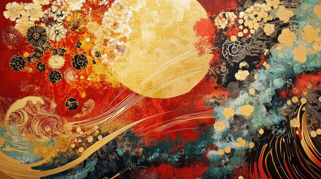 Vibrant abstract design featuring Feng Shui elements like water, earth, and wood, blended with harmonious red and gold tones.