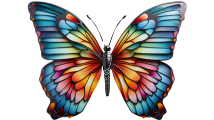 A multicolored butterfly made from plasticine clay, shown on a white surface, studio view, isolated on transparent background.
