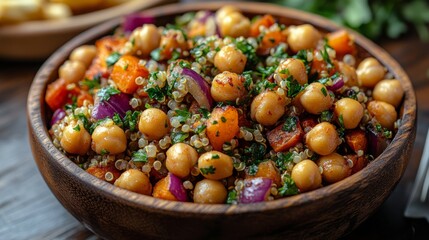 Chickpea salad with quinoa, herbs, and vegetables in a wooden bowl prepared for a healthy meal