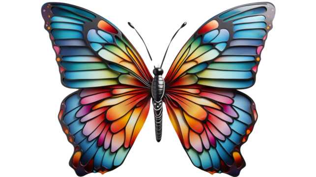 A multicolored butterfly made from plasticine clay, shown on a white surface, studio view, isolated on transparent background.