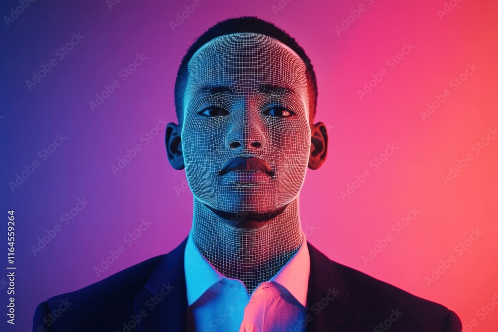 Aufkleber portrait of a man with digital wireframe face against gradient backdrop