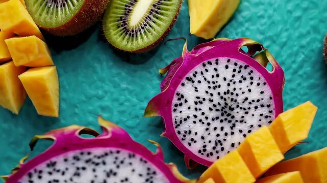 vibrant arrangement of sliced dragon fruit, kiwi, and mango pieces on a turquoise surface, showcasing tropical freshness