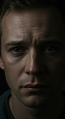 Close up of Man face, Sad Sadness Depressed Depression Expression, Zoom In, Zoomed Portrait