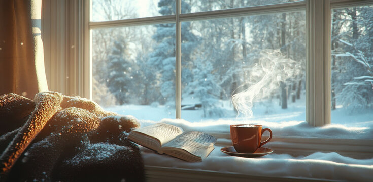 A steaming mug of coffee sits beside an open book on a windowsill, with snow-covered trees outside. Warm light streams in, creating a tranquil winter atmosphere.