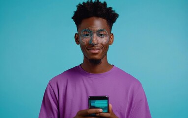 Young man with digital facial overlay using smartphone technology