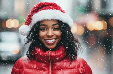 Cheerful Woman in Red Jacket and Santa Hat in Winter Snow