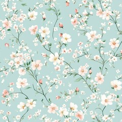 Delicate pastel floral pattern on light blue background.