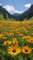 Yellow wildflowers blooming in a lush green field during springtime