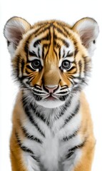 Obraz premium Cute tiger cub with striking orange and black fur against a white background