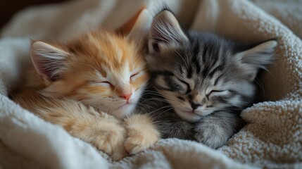 Two fluffy kittens cuddling together on a soft blanket. Warm natural lighting, cozy and tender atmosphere