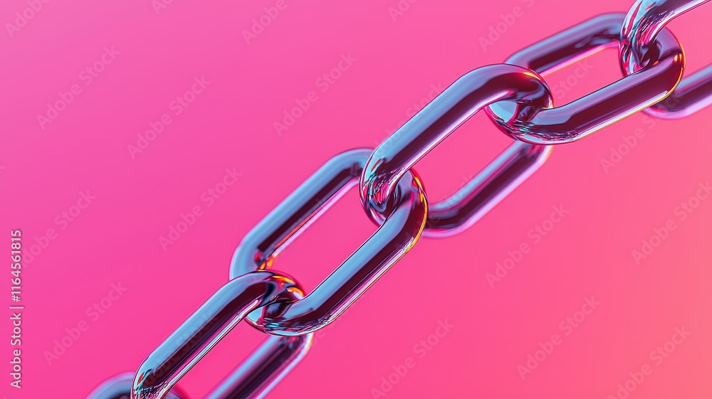 Poster a close-up of a metallic chain against a vibrant pink background, emphasizing its smooth links and r