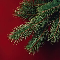Obraz premium Lush green pine branch on red background.