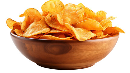 Delicious corn tortilla chips in a rustic wooden bowl for casual gatherings, studio view, isolated on transparent background.