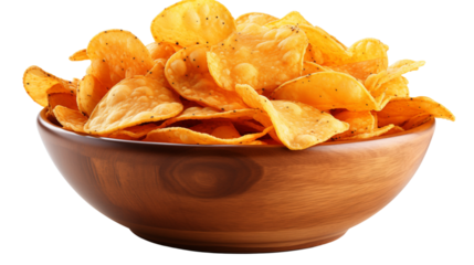 Delicious corn tortilla chips in a rustic wooden bowl for casual gatherings, studio view, isolated on transparent background.