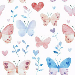 Seamless watercolor pattern featuring blue and brown butterflies with heart details, surrounded by hearts and leaves on a light background