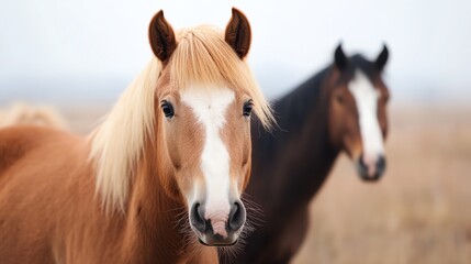 Obraz premium two horses standing in a field with a sky background