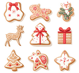 Festive Christmas Gingerbread Cookies with Snowflakes, Reindeer, and Christmas Tree Decorations. AI generative.
