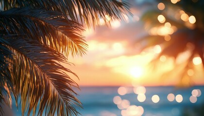Sunlight filtering through palm leaves at sunset in a tropical paradise