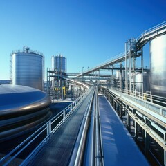 Industrial facility with large tanks, pipes, and walkways under a clear sky.