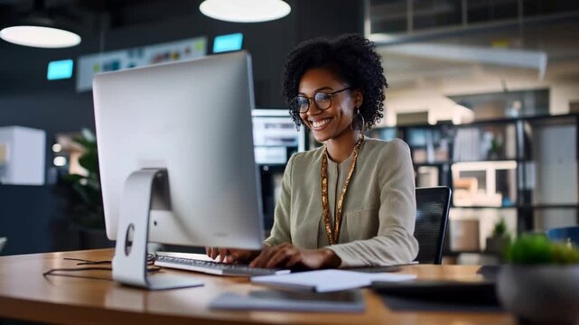 Black girl with curly hair working happily in front of the computer in a modern office