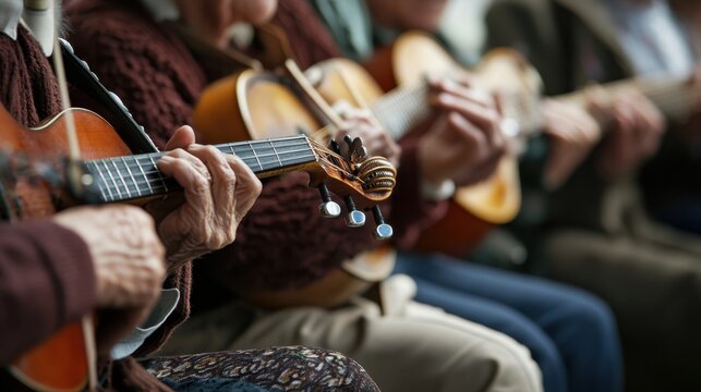 Senior musicians playing saxophones in a park during a sunny afternoon